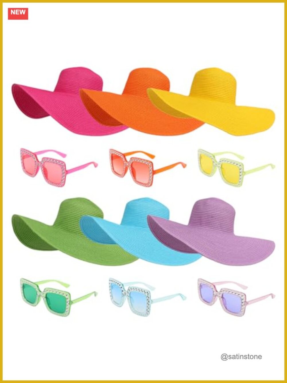 6 Wide Brim Sun Hats & 6 Crystal Sunglasses Set UPF 50+